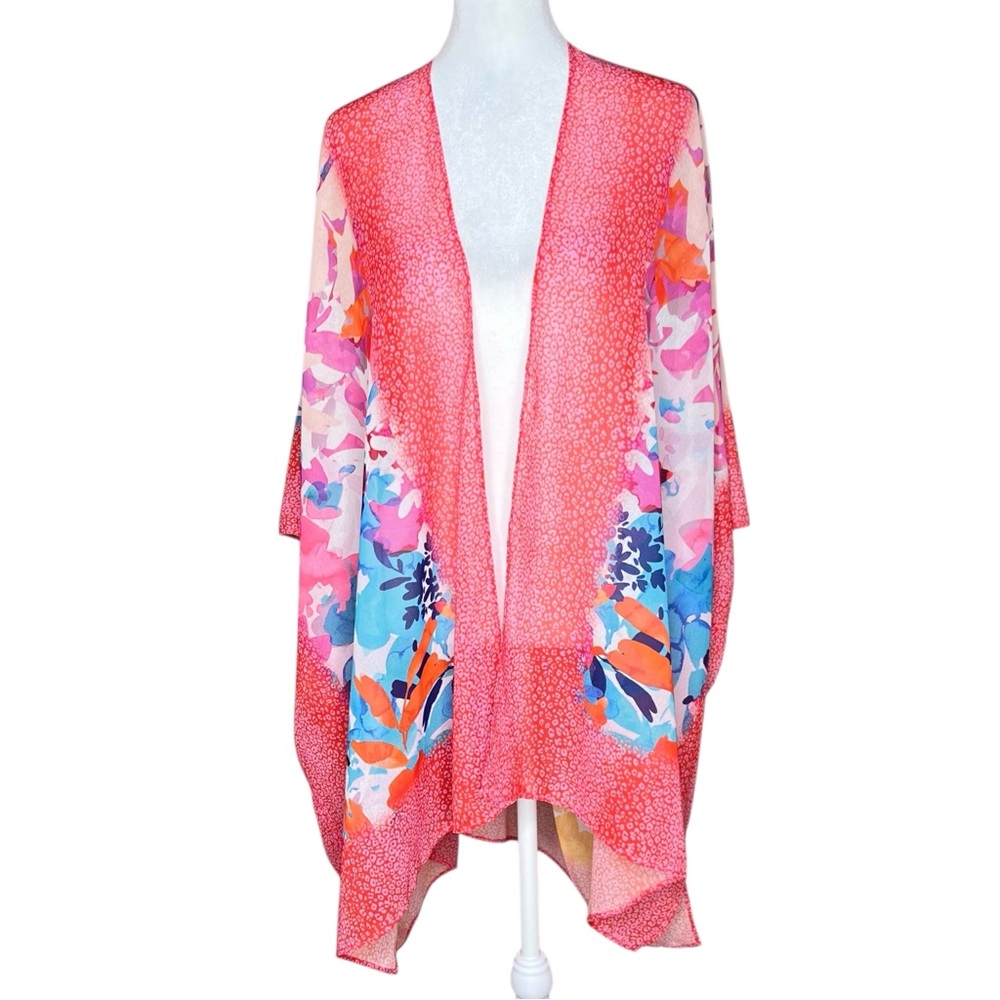Soft Surroundings Floral Kimono Cardigan L/XL Semi-Sheer Colorful Beach Cover-Up